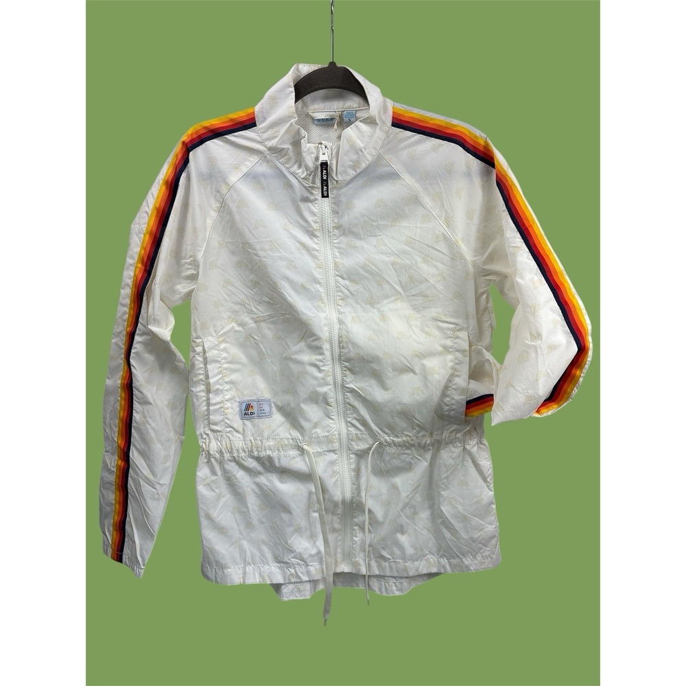 Aldi‎ Gear Retro Windbreaker Jacket White Rainbow Stripe Small 2022 Limited NWOT